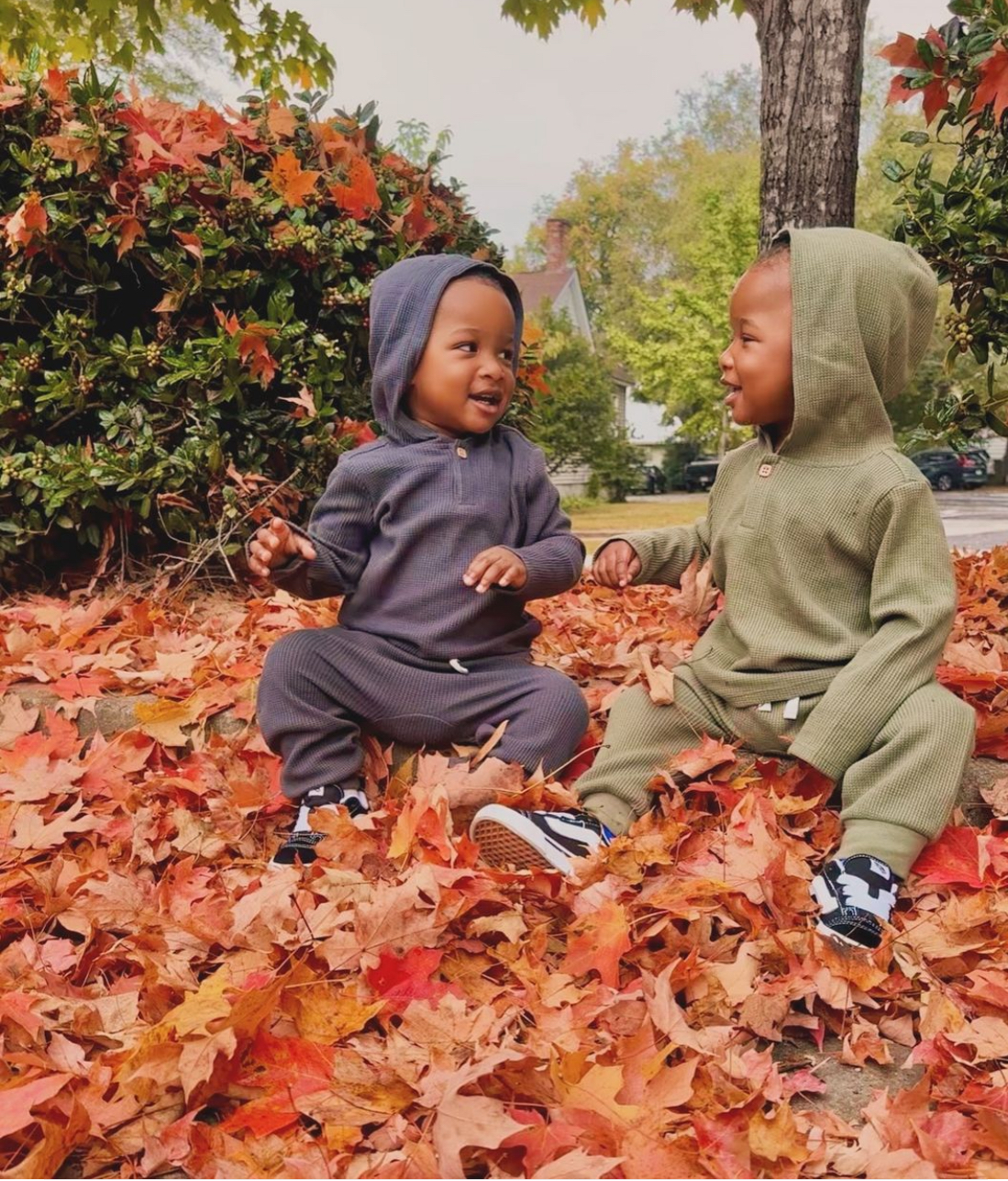 toddler boy twins on fall leaves